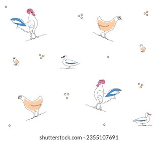 abstract pattern with domestic birds cock, duck, chicken Continuous One Line Drawing