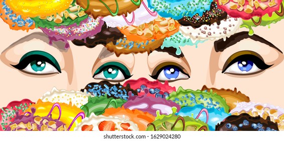 Abstract pattern with donut glaze and beautiful women's eyes. Vector Illustration