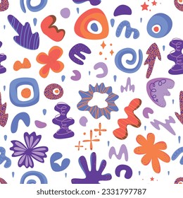 abstract pattern with doodle elements, set of hand drawn doodles, abstract flowers, in lilac, purple, orange colors, texture doodles