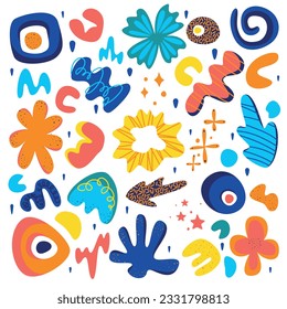 abstract pattern with doodle elements, set of hand drawn doodles, abstract flowers, in blue, yellow, orange colors, texture doodles, bright