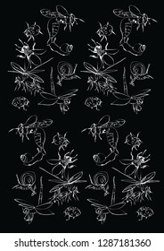Abstract pattern with dragonflies, snails and ladybirds. White on black. Hand drawn, vector.