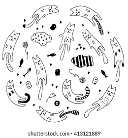 Abstract pattern with dreaming cats. Childish funny print. Hand drawn vector illustration. Black and white doodle/drawing.