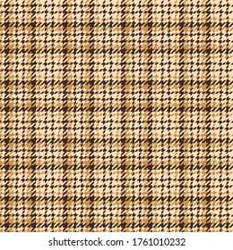 Abstract pattern for dress fabric design. Seamless gold and brown tweed check plaid vector graphic for dress, jacket, coat, or other autumn textile print. Hounds tooth texture.