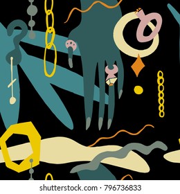 Abstract Pattern with earrings, rings, chain, diamonds and woman's hand . Artistic contemporary  seamless background. Ready design ideas for for poster, trendy card, invitation, placard, brochure.