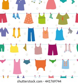 Abstract pattern of editable vector washing lines with colorful drying clothes and colorful soap bubbles