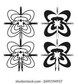 Abstract pattern elements. Symmetric flower shapes. Black white outline. Vector linear design. EPS 10.