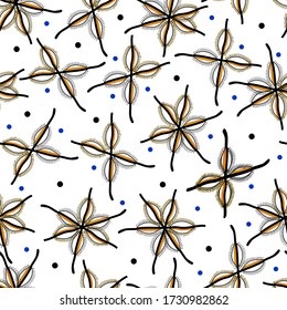 Abstract pattern of eyes with eyelashes and points. Elements of the pattern are abstract, reminiscent of flowers. White background