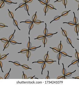 Abstract pattern of eyes with eyelashes and points. Elements of the pattern are abstract, reminiscent of flowers. Grey background