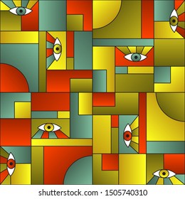 Abstract pattern with eyes in geometric shapes grid scandinavian fashion retro textile print. Patches composition tile. Open eyes bauhaus geometric seamless pattern. Interior vector design.