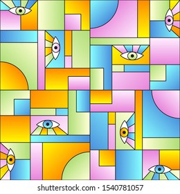 Abstract pattern with eyes in geometric shapes grid scandinavian fashion retro textile print. Patches composition tile. Open eyes bauhaus geometric seamless pattern. Interior vector design.