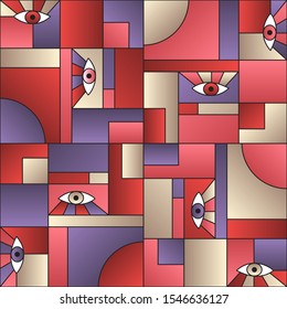 Abstract pattern with eyes in geometric shapes grid 80s and 90s vintage fashion fabric print. Decorative modules illustration. Open eyes bauhaus geometric seamless pattern. Gradient vector design.