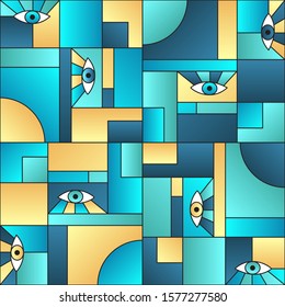 Abstract pattern with eyes in geometric shapes grid mondrian avant garde fashion textile print. Decorative modules illustration. Open eyes bauhaus geometric seamless pattern. Gradient vector design.