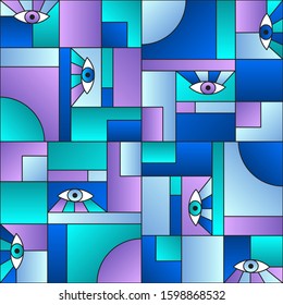 Abstract pattern with eyes in geometric shapes grid scandinavian fashion retro textile print. Decorative blue modules illustration. Open eyes bauhaus geometric seamless pattern. Interior vector design