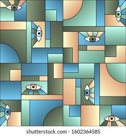 Abstract pattern with eyes in geometric shapes grid mondrian avant garde fashion textile print. Modern background design. Open eyes bauhaus geometric seamless pattern. Interior vector design.