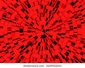 An abstract pattern features concentric circles of various red hues, interspersed with black, creating a pixelated, fragmented, and somewhat distorted radial design.