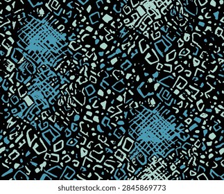 abstract pattern featuring blue and black irregular shapes combined with textured grid elements creating a modern artistic design
