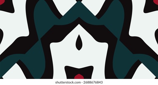 An Abstract Pattern Featuring Geometric Shapes in Teal White and Black Accented by Red Dots.