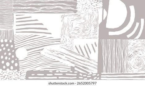 Padrão abstrato com texturas desenhadas à mão e linework orgânica. Inspirado por gravuras de xilogravura, ritmos naturais e geometria minimalista.
