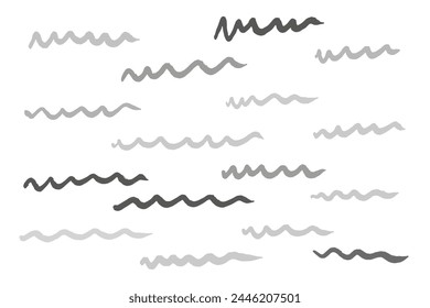 Abstract pattern featuring monochrome wavy lines with various brush strokes, ranging from light to dark gray, on a white background.