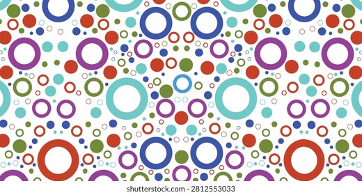 Abstract pattern featuring multicolored circles and rings on a white background, creating a lively and dynamic visual effect.