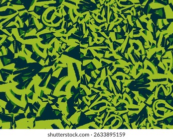Um padrão abstrato com sobreposição de traçados de pincel verde nítido em um plano de fundo azul escuro, criando um efeito visual caótico e energético.