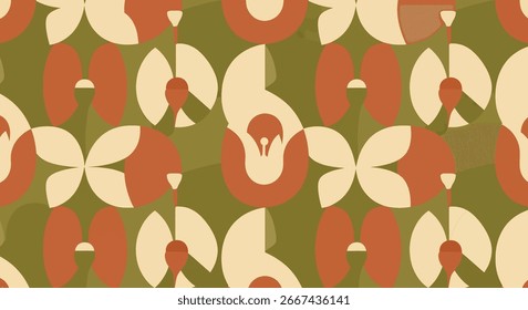 Um padrão abstrato com formas repetidas em tons de verde-oliva, laranja queimado e bege. O design incorpora formas florais estilizadas ou orgânicas, c...