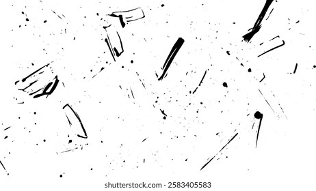 An abstract pattern featuring scattered black brush strokes and splatters on a white background, creating a dynamic and artistic composition.