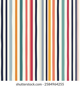 An abstract pattern featuring a series of wavy stripes in various colors, including shades of blue, red, orange, green, and beige.