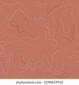 An abstract pattern featuring wavy, dashed lines in various colors on a warm, earthy-toned background. The organic, free-flowing shapes create a dynamic, textured appearance