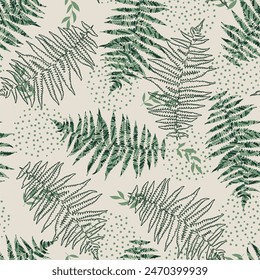Abstract pattern with ferns and abstract dots. Herbal pattern