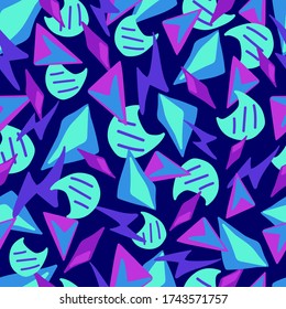 Abstract pattern of figures seamless vector on a blue background, color illustration in the style of modern art. For Wallpaper, clothing, packaging paper, fabric, textiles, blankets, bed linen, design