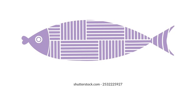 Abstract pattern fish. Violet fish with abstract ornament. Sea or ocean animal. Underwater nautical world. Poster or banner for website. Flat vector illustration isolated on white background