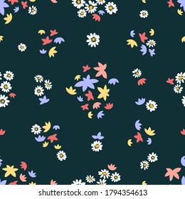Abstract pattern with floral elements on black background. Seamless print with small plants. Vintage collection. Template for textile design, cards, wallpapers, gift wrappings.