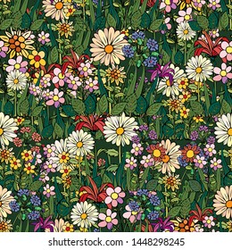 Abstract pattern of floral rows. Flowers and grass in green fields. Warm summer sunny day. Vector illustration seamless.