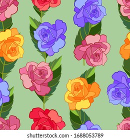 Abstract pattern of floral rows. Flowers and grass in green fields. Warm summer sunny day. Vector illustration seamless.