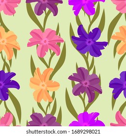 Abstraktes Muster von Blumenreihen. Blumen und Gras auf grünen Feldern. Warmer Sommer Sonnentag. Vektorillustration nahtlos.