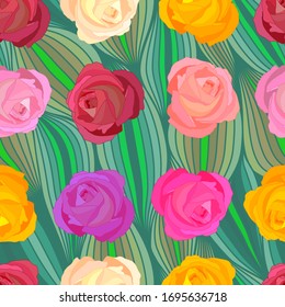 Abstract pattern of floral rows. Flowers and grass in green fields. Warm summer sunny day. Vector illustration seamless.