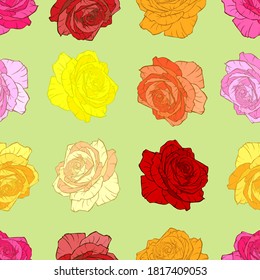 Abstract pattern of floral rows. Flowers and grass in green fields. Warm summer sunny day. Vector illustration seamless.