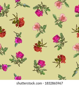 Abstraktes Muster von Blumenreihen. Blumen und Gras auf grünen Feldern. Warmer Sommer Sonnentag. Vektorgrafik nahtlos.