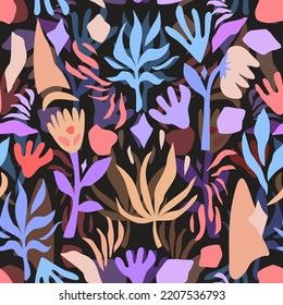 Abstract pattern. Floral seamless design on a dark grey background.