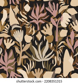 Abstract pattern. Floral seamless design in brown and beige colors in memphis style.
