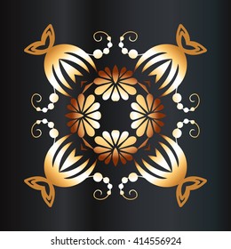 Abstract pattern in floral style and gold colors on black background