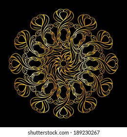 Abstract pattern in floral style and golden colors on black background