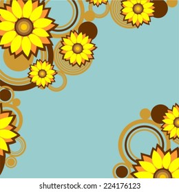 Abstract pattern with flowers and circles on a blue background.