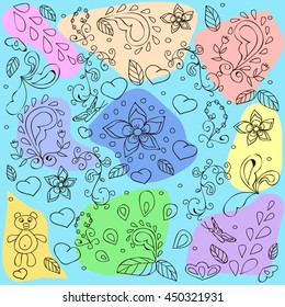 Abstract pattern with flowers, hearts, swirls on a blue background,  can be used for wallpaper, pattern fills, web page background,surface textures