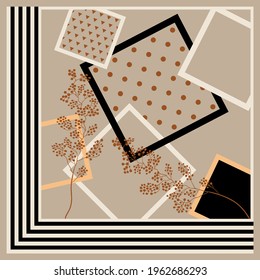 Abstract pattern with flowers on beige background. Vector patch for print, fabric, scarf design.