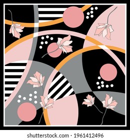 Abstract pattern with flowers on black background. Vector patch for print, fabric, scarf design.