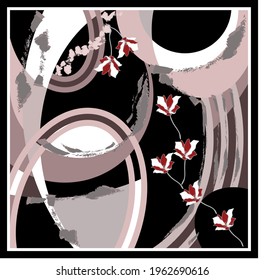 Abstract pattern with flowers on black background. Vector patch for print, fabric, scarf design.