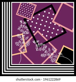 Abstract pattern with flowers on purple background. Vector patch for print, fabric, scarf design.