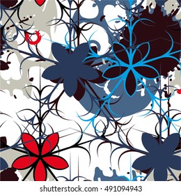 Abstract pattern, flowers, skull, line, seamless vector background.